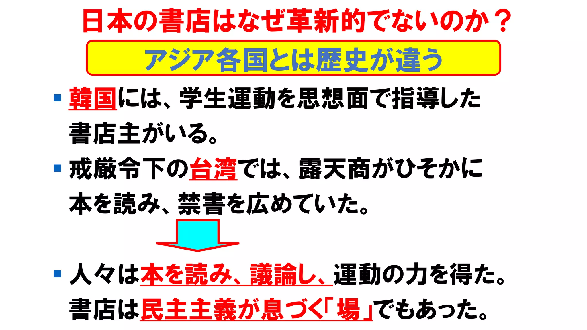 ▪ 韓国には、学生運動を思想面で指導した
書店主がいる。
▪ 戒厳令下の台湾では、露天商がひそかに
本を読み、禁書を広めていた。
▪ 人々は本を読み、議論し、運動の力を得た。
書店は民主主義が息づく「場」でもあった。
日本の書店はなぜ革新的でないのか？
アジア各国とは歴史が違う
 