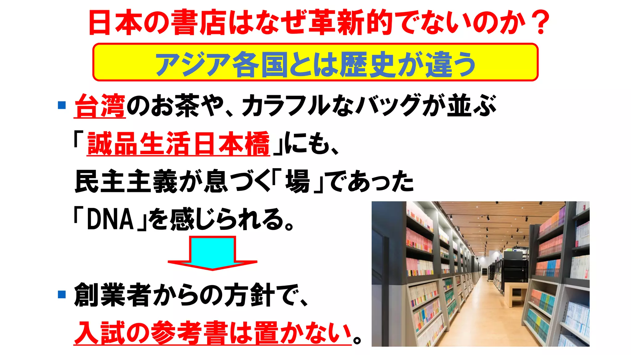 ▪ 台湾のお茶や、カラフルなバッグが並ぶ
「誠品生活日本橋」にも、
民主主義が息づく「場」であった
「DNA」を感じられる。
▪ 創業者からの方針で、
入試の参考書は置かない。
日本の書店はなぜ革新的でないのか？
アジア各国とは歴史が違う
 