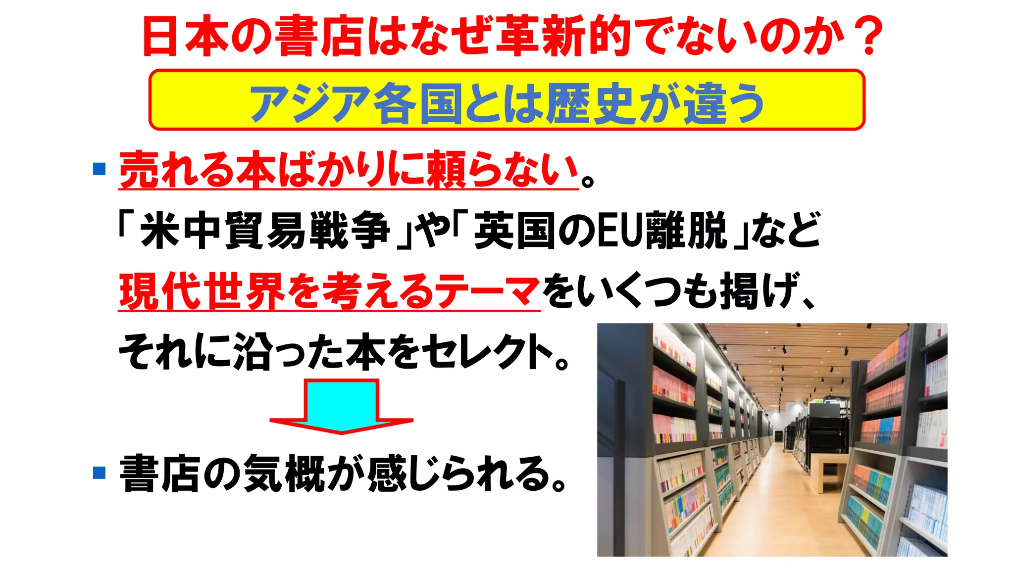 ▪ 売れる本ばかりに頼らない。
「米中貿易戦争」や「英国のEU離脱」など
現代世界を考えるテーマをいくつも掲げ、
それに沿った本をセレクト。
▪ 書店の気概が感じられる。
日本の書店はなぜ革新的でないのか？
アジア各国とは歴史が違う
 