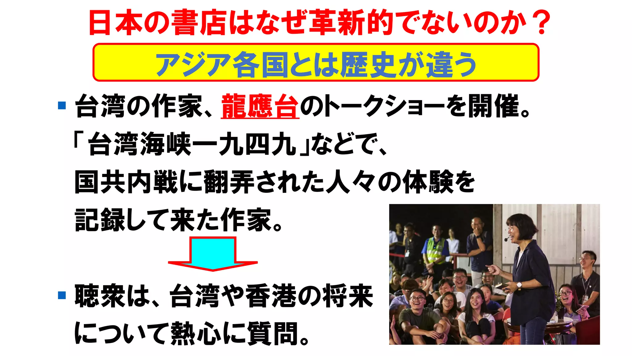 ▪ 台湾の作家、龍應台のトークショーを開催。
「台湾海峡一九四九」などで、
国共内戦に翻弄された人々の体験を
記録して来た作家。
▪ 聴衆は、台湾や香港の将来
について熱心に質問。
日本の書店はなぜ革新的でないのか？
アジア各国とは歴史が違う
 