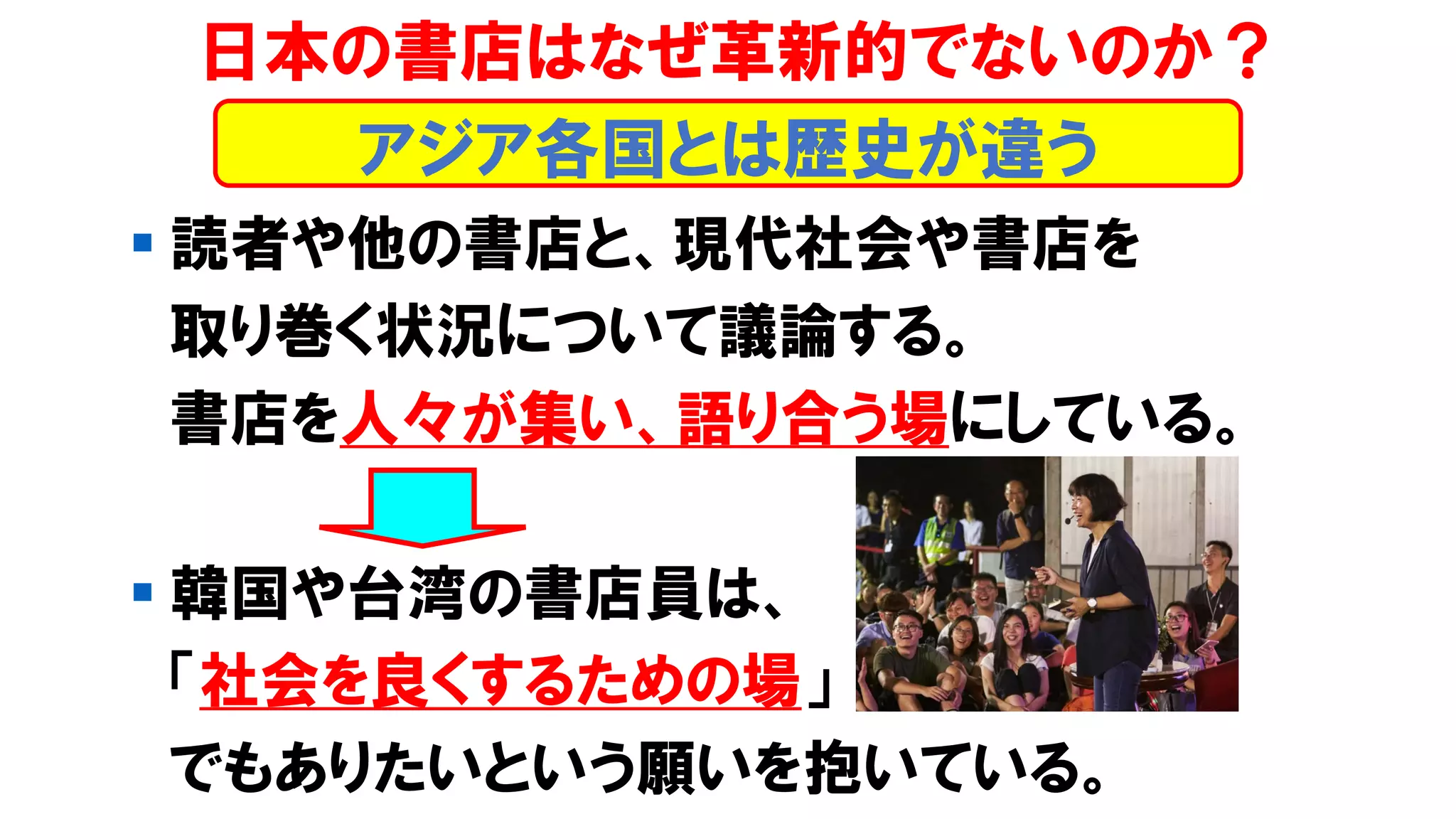 ▪ 読者や他の書店と、現代社会や書店を
取り巻く状況について議論する。
書店を人々が集い、語り合う場にしている。
▪ 韓国や台湾の書店員は、
「社会を良くするための場」
でもありたいという願いを抱いている。
日本の書店はなぜ革新的でないのか？
アジア各国とは歴史が違う
 