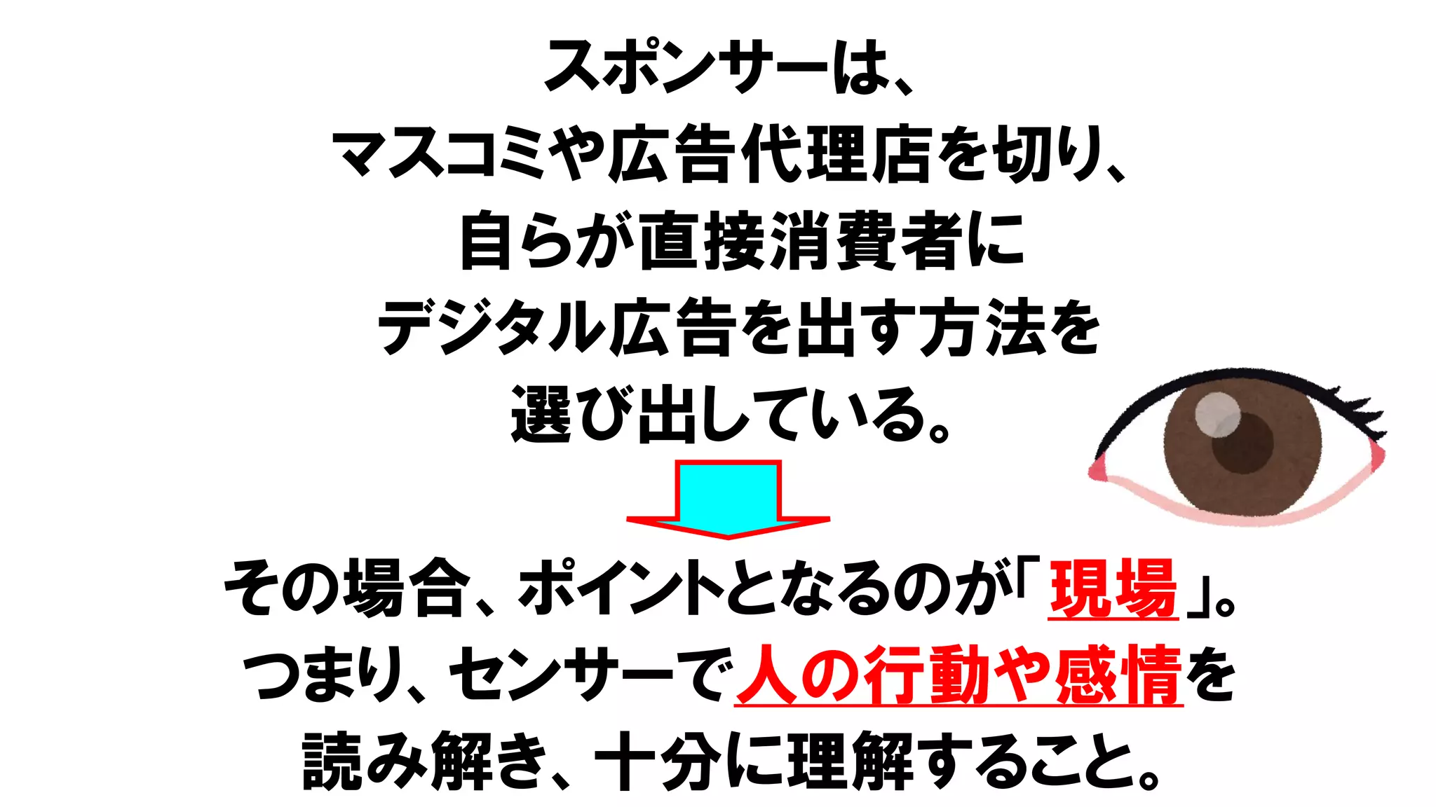 スポンサーは、
マスコミや広告代理店を切り、
自らが直接消費者に
デジタル広告を出す方法を
選び出している。
その場合、ポイントとなるのが「現場」。
つまり、センサーで人の行動や感情を
読み解き、十分に理解すること。
 