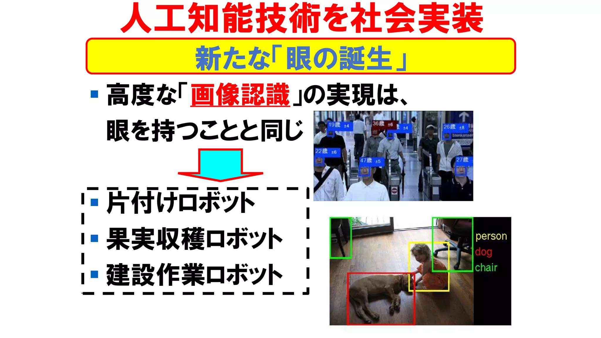 ▪ 高度な「画像認識」の実現は、
眼を持つことと同じ
▪ 片付けロボット
▪ 果実収穫ロボット
▪ 建設作業ロボット
人工知能技術を社会実装
新たな「眼の誕生」
 