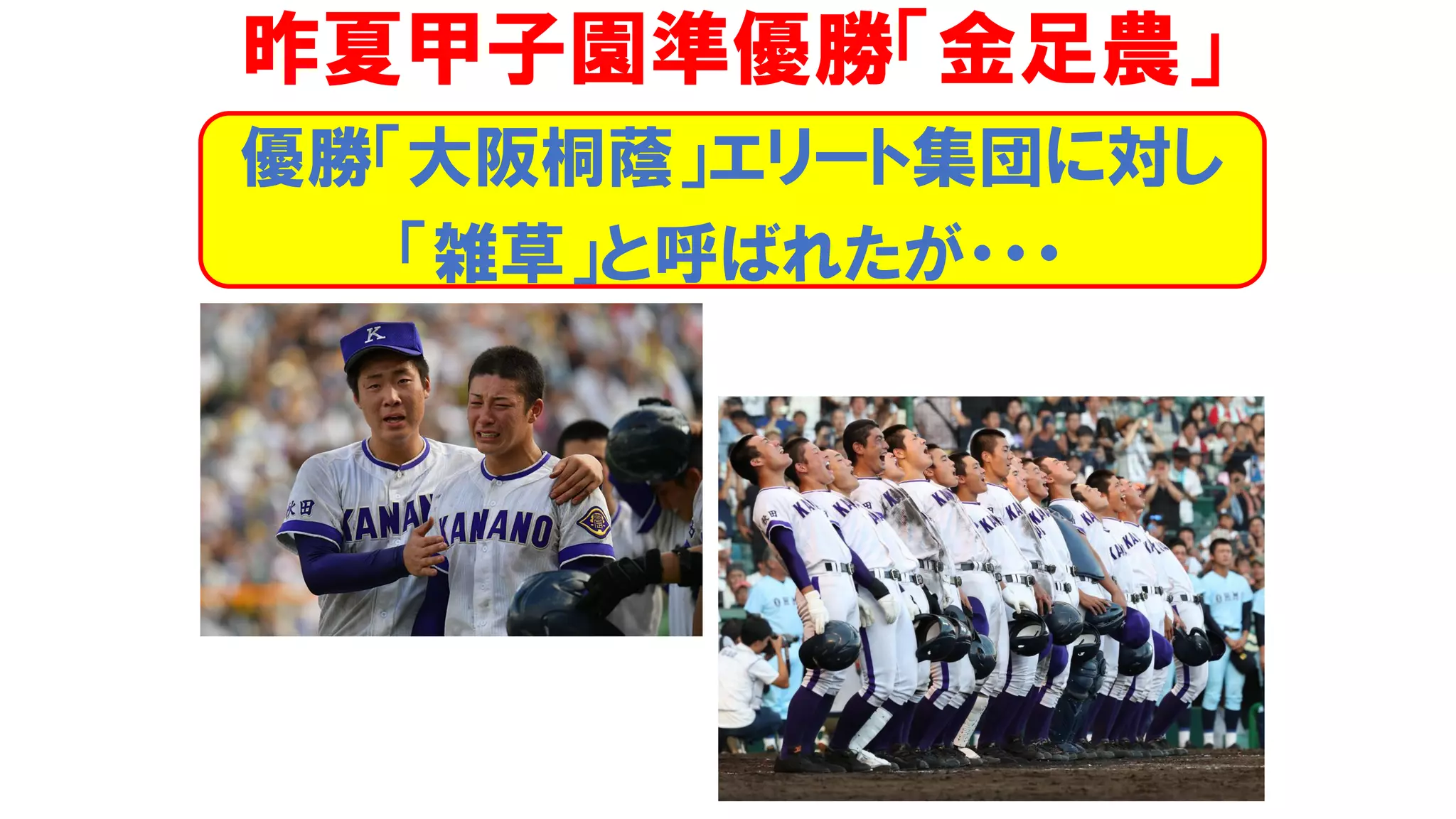優勝「大阪桐蔭」エリート集団に対し
「雑草」と呼ばれたが・・・
昨夏甲子園準優勝「金足農」
 