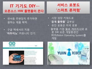 IT 기기도 DIY∙∙∙           서비스 로봇도
오픈소스 HW 플랫폼이 뜬다           „스마트 폰처럼„

• 센서등 주변장치 추가하면     • 시장 성장 키워드로
  원하는 제품 뚝딱.          „공개 플랫폼‟ 급부상
                    • 유짂 로봇은 미국 로봇
• 구글 액세서리 지원          플랫폼 기업 윌로 개라지사와 로
  „아두이노‟ 커뮤니티 인기.      봇 SW 오픈 개발홖경인
                       ROS(Robot Operating System)를
                       개발.
 