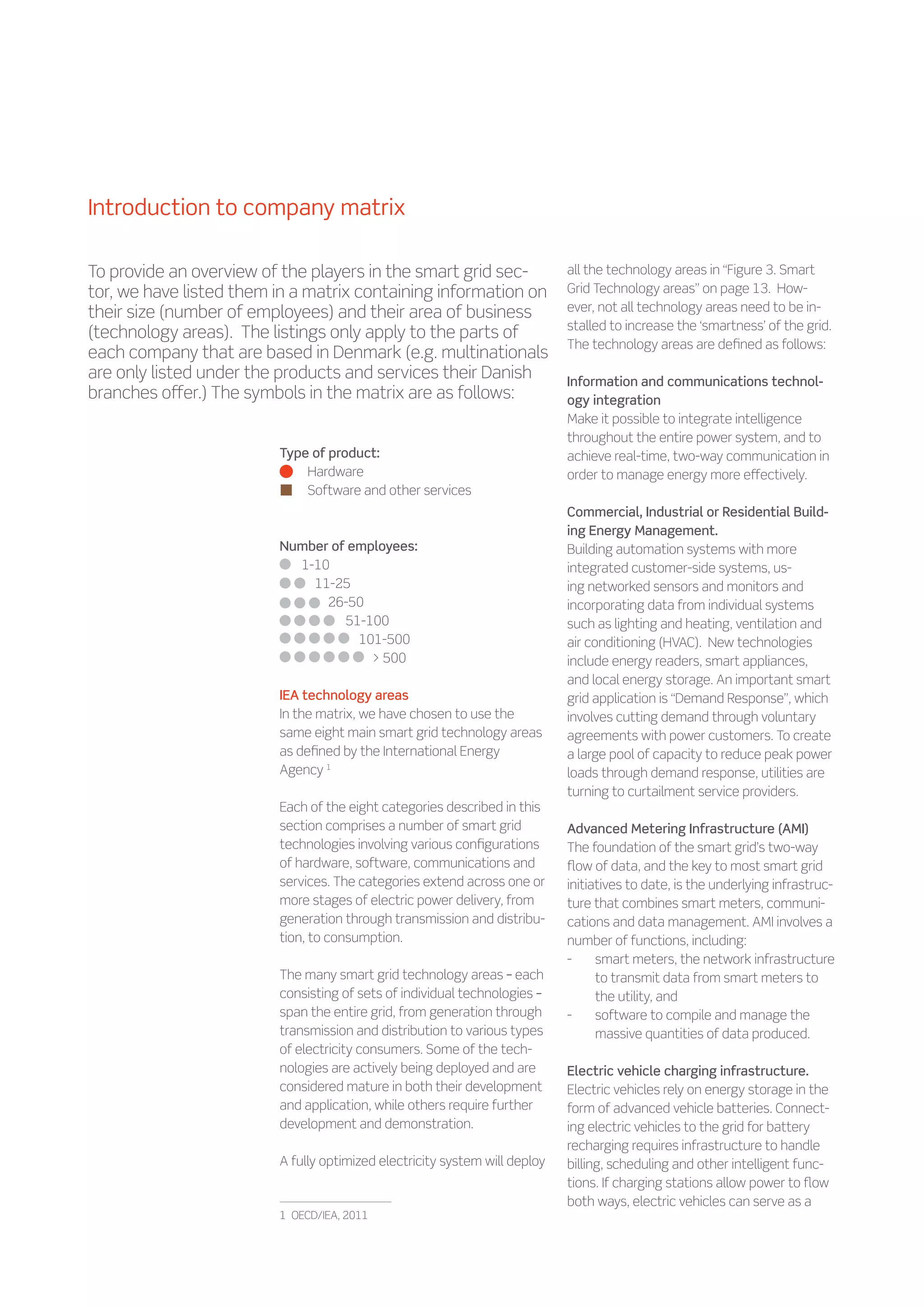 Introduction to company matrix

To provide an overview of the players in the smart grid sec-                all the technology areas in “Figure 3. Smart
tor, we have listed them in a matrix containing information on              Grid Technology areas” on page 13. How-
their size (number of employees) and their area of business                 ever, not all technology areas need to be in-
                                                                            stalled to increase the ‘smartness’ of the grid.
(technology areas). The listings only apply to the parts of
                                                                            The technology areas are defined as follows:
each company that are based in Denmark (e.g. multinationals
are only listed under the products and services their Danish                Information and communications technol-
branches offer.) The symbols in the matrix are as follows:                  ogy integration
                                                                            Make it possible to integrate intelligence
                                                                            throughout the entire power system, and to
                         Type of product:                                   achieve real-time, two-way communication in
                             Hardware                                       order to manage energy more effectively.
                             Software and other services
                                                                            Commercial, Industrial or Residential Build-
                                                                            ing Energy Management.
                         Number of employees:                               Building automation systems with more
                           1-10                                             integrated customer-side systems, us-
                             11-25                                          ing networked sensors and monitors and
                               26-50                                        incorporating data from individual systems
                                  51-100                                    such as lighting and heating, ventilation and
                                    101-500                                 air conditioning (HVAC). New technologies
                                       500                                 include energy readers, smart appliances,
                                                                            and local energy storage. An important smart
                         IEA technology areas                               grid application is “Demand Response”, which
                         In the matrix, we have chosen to use the           involves cutting demand through voluntary
                         same eight main smart grid technology areas        agreements with power customers. To create
                         as defined by the International Energy             a large pool of capacity to reduce peak power
                         Agency 1                                           loads through demand response, utilities are
                                                                            turning to curtailment service providers.
                         Each of the eight categories described in this
                         section comprises a number of smart grid           Advanced Metering Infrastructure (AMI)
                         technologies involving various configurations      The foundation of the smart grid’s two-way
                         of hardware, software, communications and          flow of data, and the key to most smart grid
                         services. The categories extend across one or      initiatives to date, is the underlying infrastruc-
                         more stages of electric power delivery, from       ture that combines smart meters, communi-
                         generation through transmission and distribu-      cations and data management. AMI involves a
                         tion, to consumption.                              number of functions, including:
                                                                            --    smart meters, the network infrastructure
                         The many smart grid technology areas – each              to transmit data from smart meters to
                         consisting of sets of individual technologies –          the utility, and
                         span the entire grid, from generation through      --    software to compile and manage the
                         transmission and distribution to various types           massive quantities of data produced.
                         of electricity consumers. Some of the tech-
                         nologies are actively being deployed and are       Electric vehicle charging infrastructure.
                         considered mature in both their development        Electric vehicles rely on energy storage in the
                         and application, while others require further      form of advanced vehicle batteries. Connect-
                         development and demonstration.                     ing electric vehicles to the grid for battery
                                                                            recharging requires infrastructure to handle
                         A fully optimized electricity system will deploy   billing, scheduling and other intelligent func-
                                                                            tions. If charging stations allow power to flow
                                                                            both ways, electric vehicles can serve as a
                         1    OECD/IEA, 2011
 