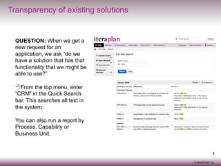 Transparency of existing solutions

QUESTION: When we get a
new request for an
application, we ask “do we
have a solution that has that
functionality that we might be
able to use?”
8 From the top menu, enter
“CRM” in the Quick Search
bar. This searches all text in
the system.
You can also run a report by
Process, Capability or
Business Unit.

6
© SMART360° Co.

 