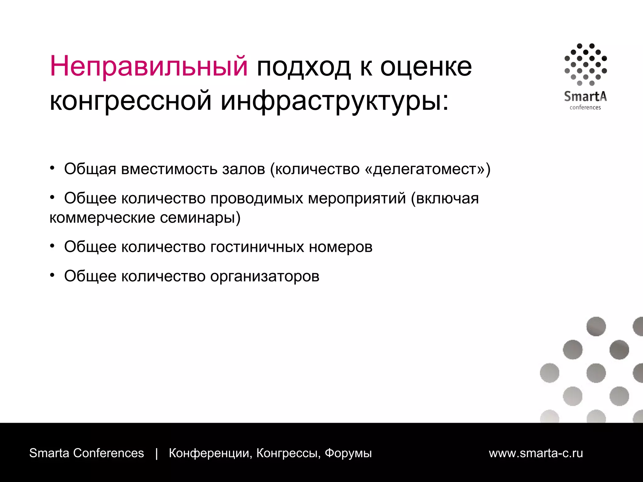 Smarta Conferences  |  Конференции, Конгрессы, Форумы  www.smarta-c.ru Неправильный  подход к оценке конгрессной инфраструктуры: Общая вместимость залов (количество «делегатомест») Общее количество проводимых мероприятий (включая  коммерческие семинары) Общее количество гостиничных номеров Общее количество организаторов 