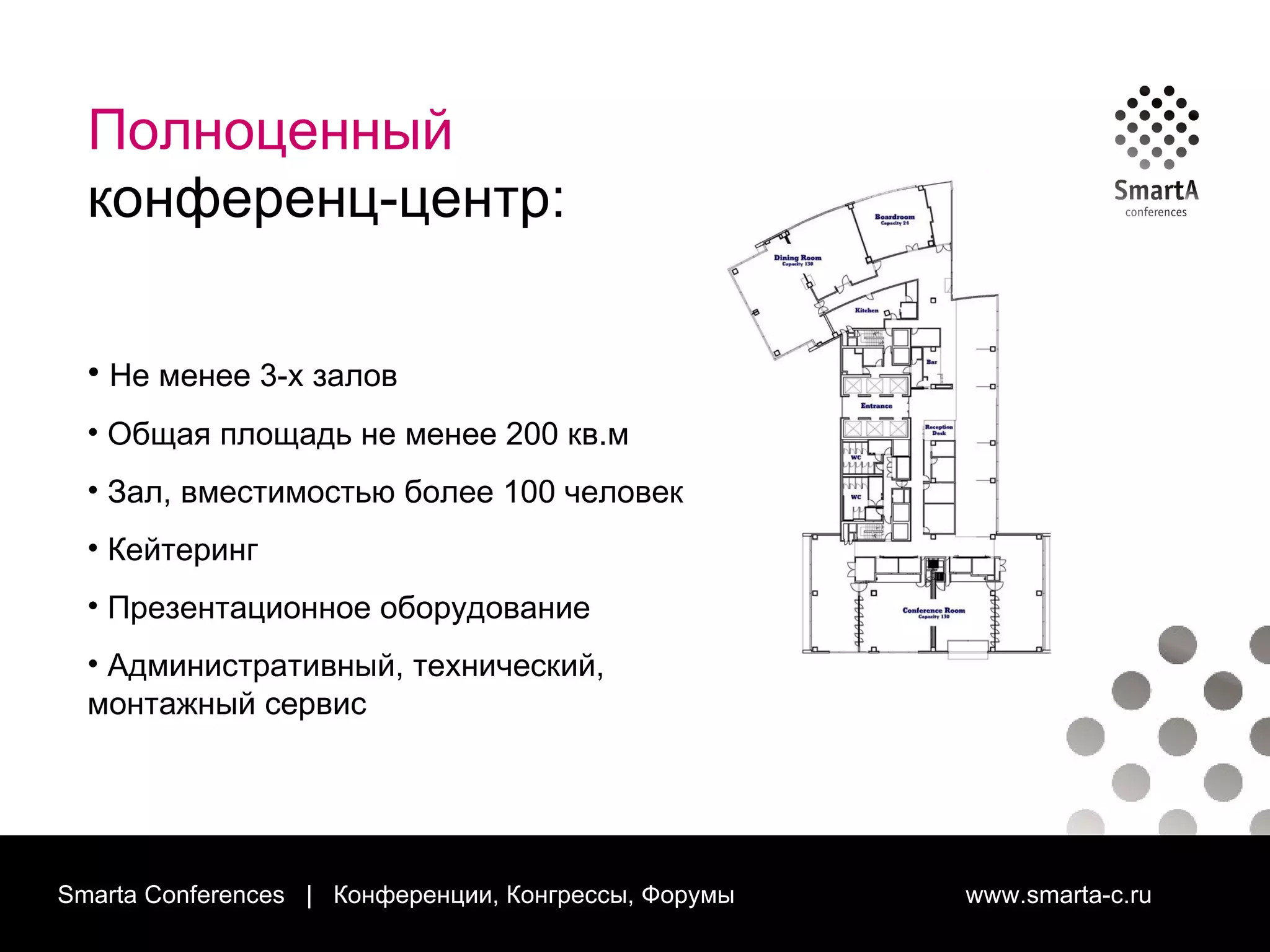 Smarta Conferences  |  Конференции, Конгрессы, Форумы  www.smarta-c.ru Полноценный  конференц-центр: Не менее 3-х залов Общая площадь не менее 200 кв.м Зал, вместимостью более 100 человек  Кейтеринг Презентационное оборудование Административный, технический, монтажный сервис 