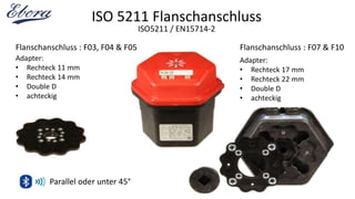 ISO 5211 Flanschanschluss
ISO5211 / EN15714-2
Flanschanschluss : F03, F04 & F05 Flanschanschluss : F07 & F10
Adapter:
• Rechteck 11 mm
• Rechteck 14 mm
• Double D
• achteckig
Adapter:
• Rechteck 17 mm
• Rechteck 22 mm
• Double D
• achteckig
Parallel oder unter 45°
 