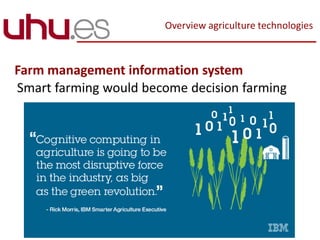 Overview agriculture technologies
Farm management information system
Smart farming would become decision farming
 