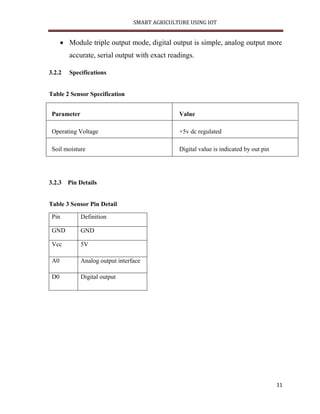 SMART AGRICULTURE USING IOT
11
 Module triple output mode, digital output is simple, analog output more
accurate, serial output with exact readings.
3.2.2 Specifications
Table 2 Sensor Specification
Parameter Value
Operating Voltage +5v dc regulated
Soil moisture Digital value is indicated by out pin
3.2.3 Pin Details
Table 3 Sensor Pin Detail
Pin Definition
GND GND
Vcc 5V
A0 Analog output interface
D0 Digital output
 