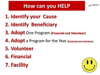 1. Identify your Cause
2. Identify Beneficiary
3. Adopt One Program (Financial and Volunteer)
4. Adopt a Program for the Year (Financial and volunteer)
5. Volunteer
6. Financial
7. Facility
How can you HELP
 