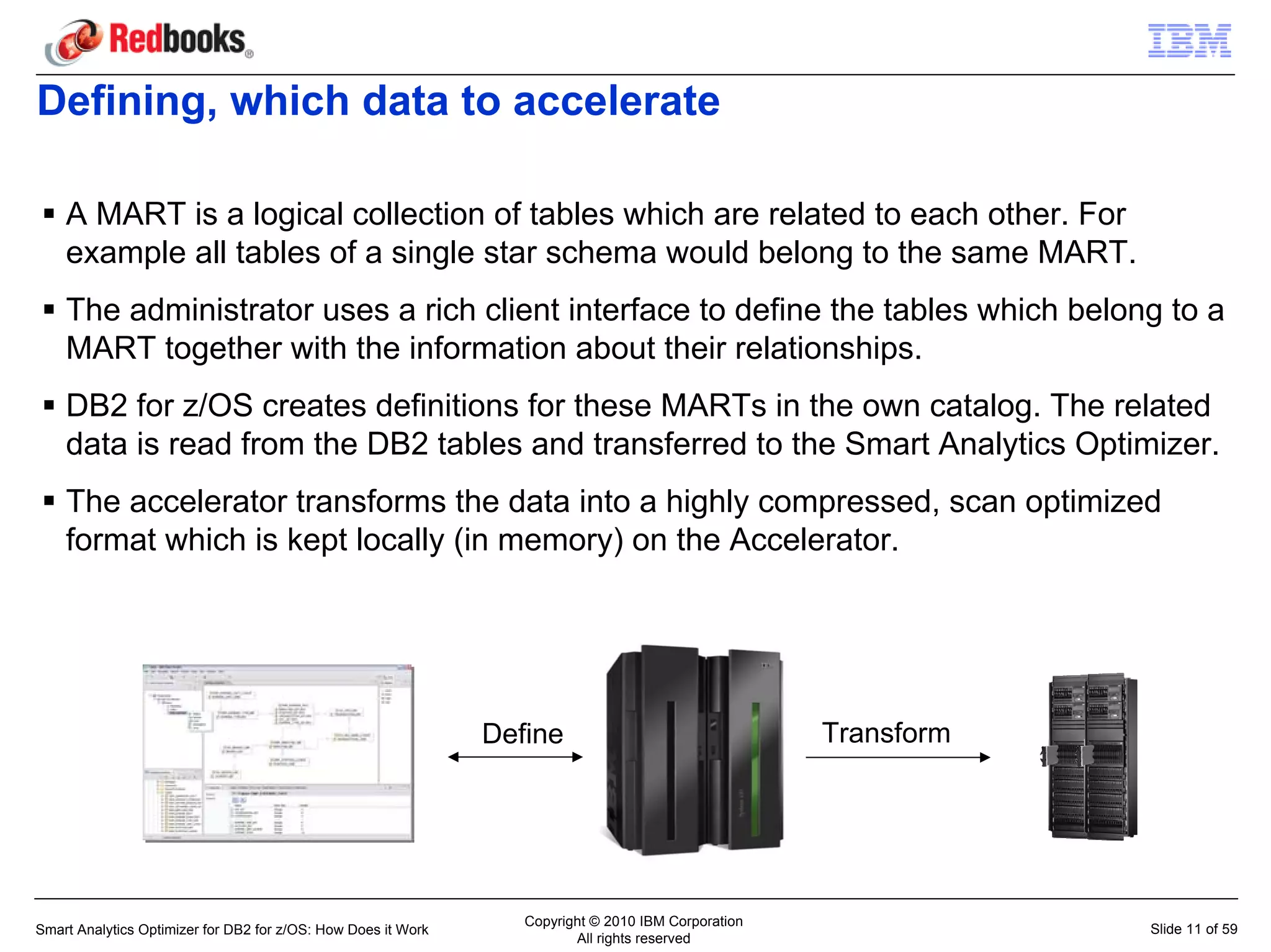 Defining, which data to accelerate

    A MART is a logical collection of tables which are related to each other. For
    example all tables of a single star schema would belong to the same MART.
    The administrator uses a rich client interface to define the tables which belong to a
    MART together with the information about their relationships.
    DB2 for z/OS creates definitions for these MARTs in the own catalog. The related
    data is read from the DB2 tables and transferred to the Smart Analytics Optimizer.
    The accelerator transforms the data into a highly compressed, scan optimized
    format which is kept locally (in memory) on the Accelerator.




                                                               Define                                Transform




                                                                  Copyright © 2010 IBM Corporation
Smart Analytics Optimizer for DB2 for z/OS: How Does it Work                                                     Slide 11 of 59
                                                                         All rights reserved
 