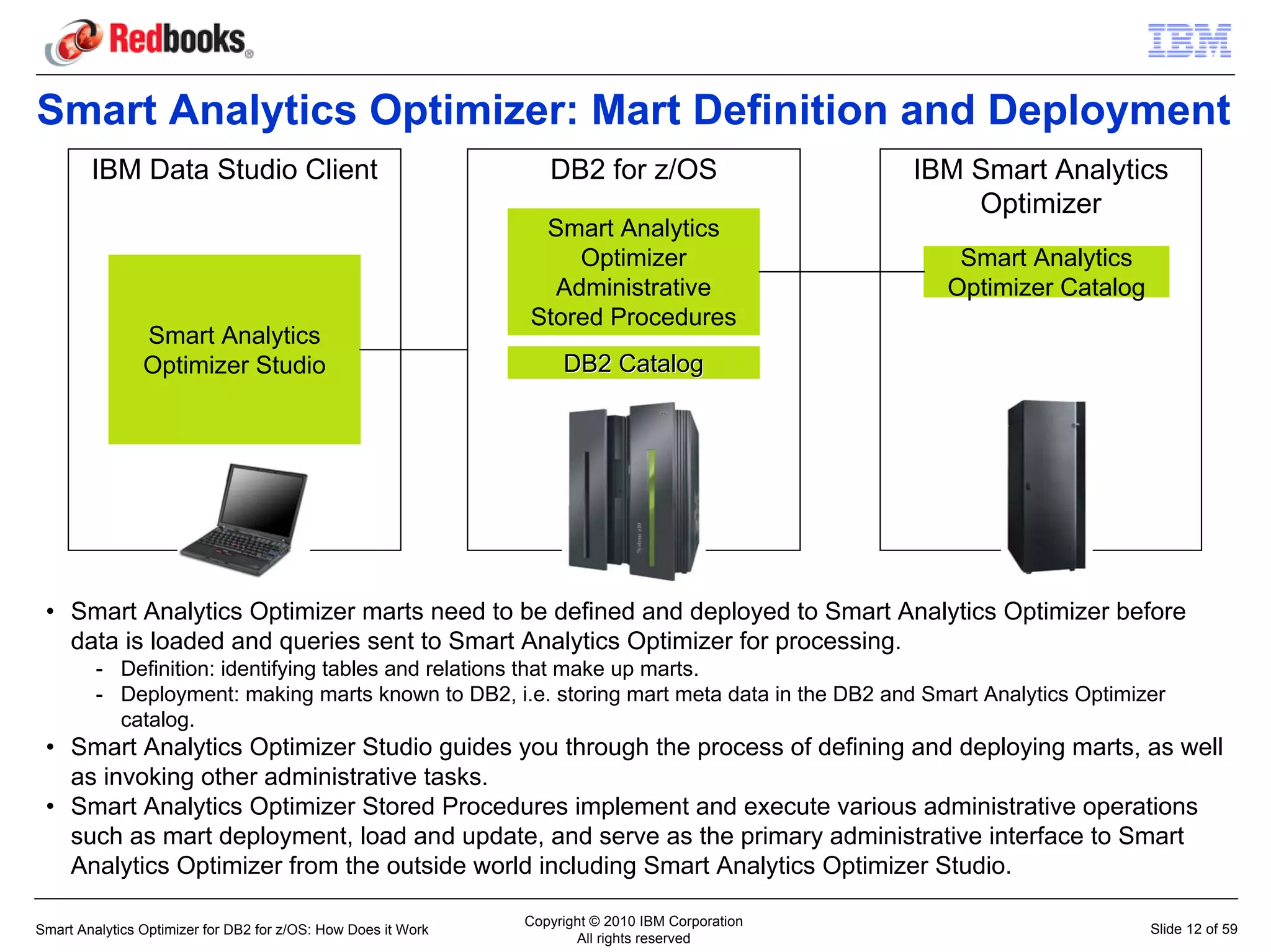 Smart Analytics Optimizer: Mart Definition and Deployment
        IBM Data Studio Client                                    DB2 for z/OS                    IBM Smart Analytics
                                                                                                      Optimizer
                                                                Smart Analytics
                                                                   Optimizer                         Smart Analytics
                                                                 Administrative                     Optimizer Catalog
                                                               Stored Procedures
                Smart Analytics
                Optimizer Studio                                    DB2 Catalog




 • Smart Analytics Optimizer marts need to be defined and deployed to Smart Analytics Optimizer before
   data is loaded and queries sent to Smart Analytics Optimizer for processing.
         - Definition: identifying tables and relations that make up marts.
         - Deployment: making marts known to DB2, i.e. storing mart meta data in the DB2 and Smart Analytics Optimizer
           catalog.
 • Smart Analytics Optimizer Studio guides you through the process of defining and deploying marts, as well
   as invoking other administrative tasks.
 • Smart Analytics Optimizer Stored Procedures implement and execute various administrative operations
   such as mart deployment, load and update, and serve as the primary administrative interface to Smart
   Analytics Optimizer from the outside world including Smart Analytics Optimizer Studio.

                                                               Copyright © 2010 IBM Corporation
Smart Analytics Optimizer for DB2 for z/OS: How Does it Work                                                            Slide 12 of 59
                                                                      All rights reserved
 