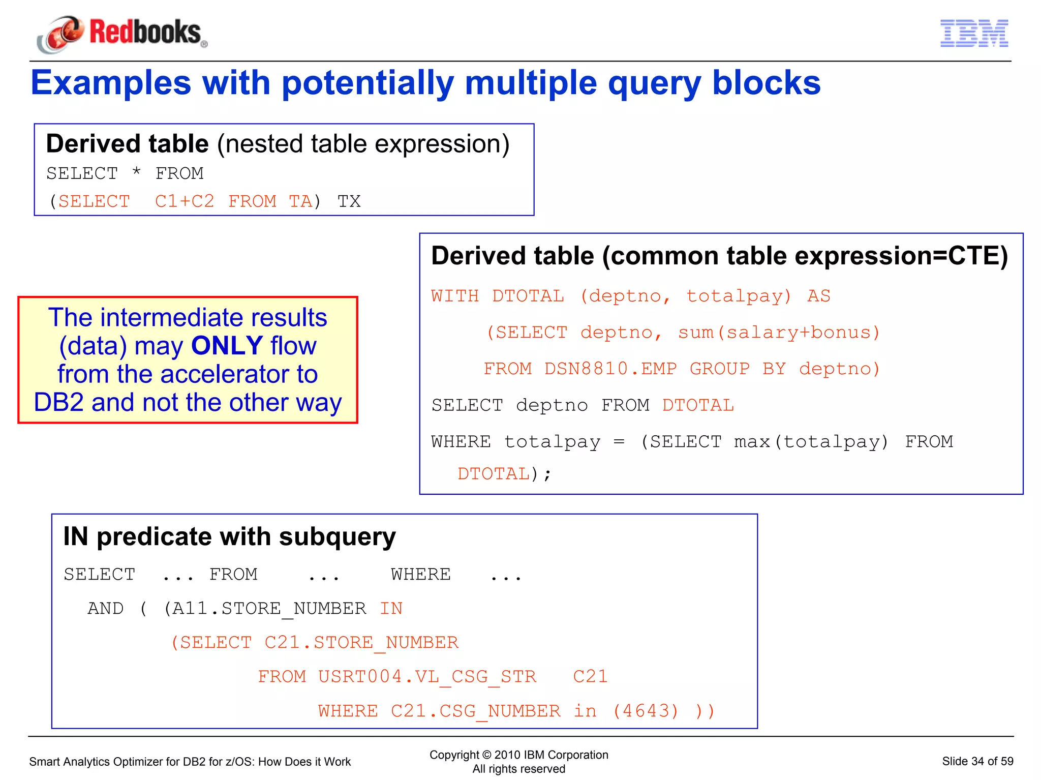 Examples with potentially multiple query blocks
   Derived table (nested table expression)
   SELECT * FROM
   (SELECT C1+C2 FROM TA) TX

                                                                  Derived table (common table expression=CTE)
                                                                  WITH DTOTAL (deptno, totalpay) AS
 The intermediate results                                                  (SELECT deptno, sum(salary+bonus)
  (data) may ONLY flow
  from the accelerator to                                                  FROM DSN8810.EMP GROUP BY deptno)
DB2 and not the other way                                         SELECT deptno FROM DTOTAL
                                                                  WHERE totalpay = (SELECT max(totalpay) FROM
                                                                       DTOTAL);


      IN predicate with subquery
      SELECT            ... FROM                   ...         WHERE        ...
          AND ( (A11.STORE_NUMBER IN
                         (SELECT C21.STORE_NUMBER
                                          FROM USRT004.VL_CSG_STR                          C21
                                                     WHERE C21.CSG_NUMBER in (4643) ))

                                                                  Copyright © 2010 IBM Corporation
Smart Analytics Optimizer for DB2 for z/OS: How Does it Work                                                   Slide 34 of 59
                                                                         All rights reserved
 