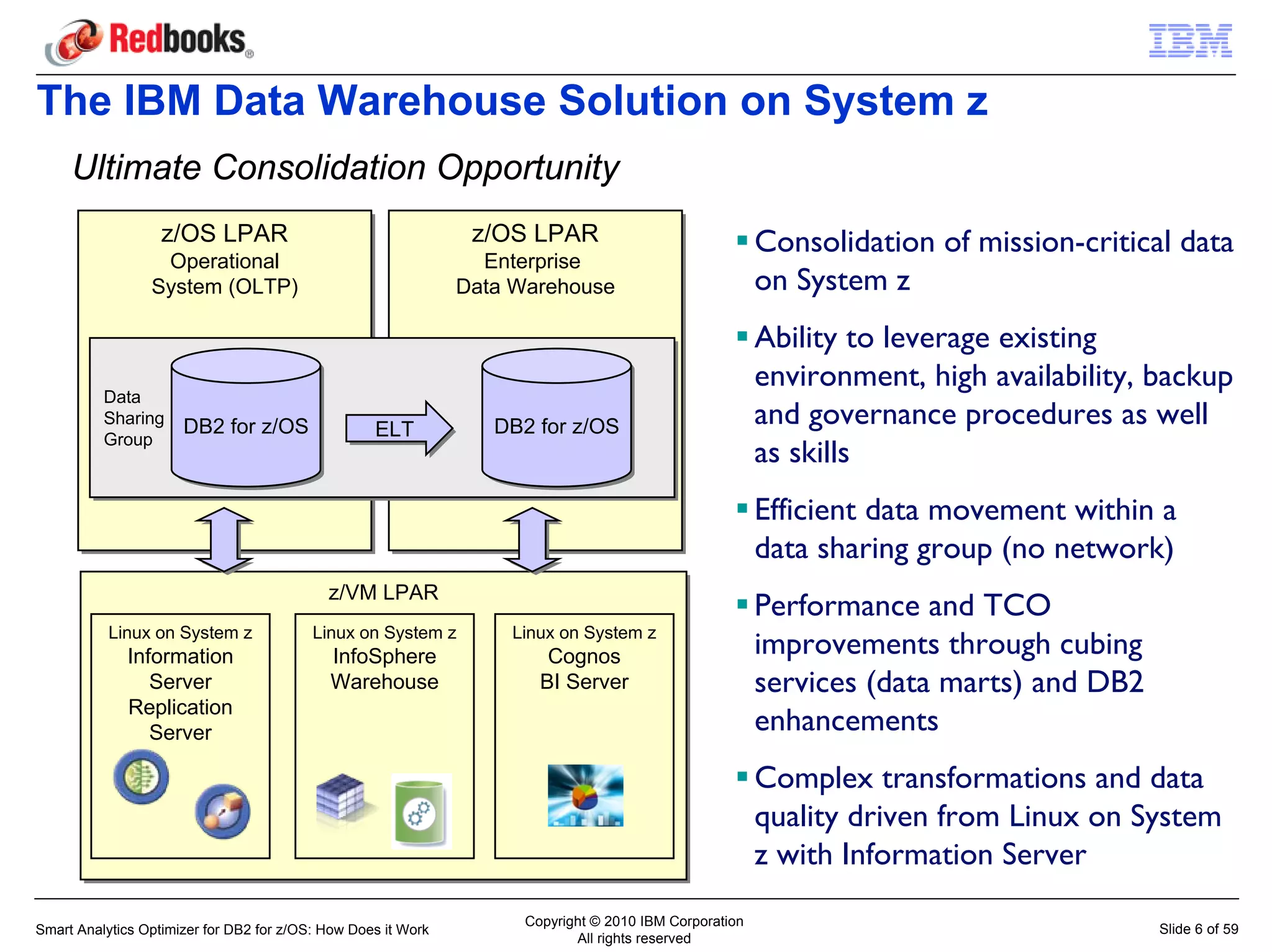 The IBM Data Warehouse Solution on System z
     Ultimate Consolidation Opportunity
                   z/OS LPAR
                   z/OS LPAR                                    z/OS LPAR
                                                                z/OS LPAR                              Consolidation of mission-critical data
                  Operational
                   Operational                                   Enterprise
                                                                  Enterprise
                 System (OLTP)
                 System (OLTP)                                 Data Warehouse
                                                               Data Warehouse                          on System z
                                                                                                       Ability to leverage existing
                                                                                                       environment, high availability, backup
          Data
          Data
          Sharing
          Sharing DB2 for z/OS
                  DB2 for z/OS                     ELT            DB2 for z/OS
                                                                  DB2 for z/OS
                                                                                                       and governance procedures as well
                                                   ELT
                                                                                                       as skills
          Group
          Group


                                                                                                       Efficient data movement within a
                                                                                                       data sharing group (no network)
                                            z/VM LPAR
                                            z/VM LPAR
                                                                                                       Performance and TCO
           Linux on System z
             Information
                                          Linux on System z
                                            InfoSphere
                                                                   Linux on System z
                                                                       Cognos                          improvements through cubing
                Server                      Warehouse                 BI Server                        services (data marts) and DB2
             Replication
                Server                                                                                 enhancements
                                                                                                       Complex transformations and data
                                                                                                       quality driven from Linux on System
                                                                                                       z with Information Server
                                                                    Copyright © 2010 IBM Corporation
Smart Analytics Optimizer for DB2 for z/OS: How Does it Work                                                                           Slide 6 of 59
                                                                           All rights reserved
 