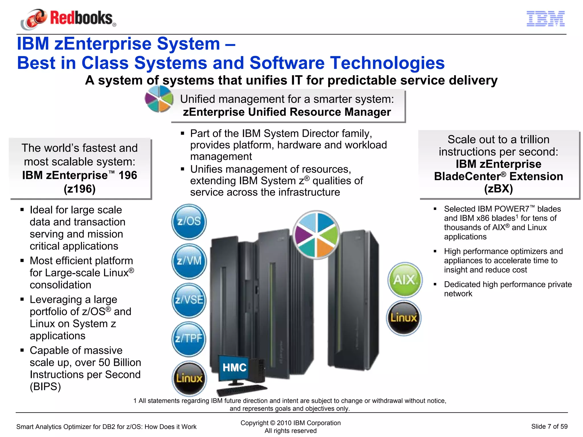 IBM zEnterprise System –
Best in Class Systems and Software Technologies
                      A system of systems that unifies IT for predictable service delivery
                                                      Unified management for a smarter system:
                                                      Unified management for a smarter system:
                                                      zEnterprise Unified Resource Manager
                                                       zEnterprise Unified Resource Manager
                                                          Part of the IBM System Director family,
                                                          provides platform, hardware and workload                                                 Scale out to a trillion
                                                                                                                                                   Scale out to a trillion
 The world’s fastest and
 The world’s fastest and                                                                                                                        instructions per second:
                                                                                                                                                 instructions per second:
                                                          management
  most scalable system:
   most scalable system:                                                                                                                            IBM zEnterprise
                                                                                                                                                     IBM zEnterprise
                                                          Unifies management of resources,
 IBM zEnterprise™ 196
  IBM zEnterprise™ 196                                    extending IBM System z® qualities of                                                 BladeCenter® Extension
                                                                                                                                               BladeCenter® Extension
          (z196)
          (z196)                                          service across the infrastructure                                                                (zBX)
                                                                                                                                                           (zBX)
    Ideal for large scale                                                                                                                          Selected IBM POWER7™ blades
                                                                                                                                                   and IBM x86 blades1 for tens of
    data and transaction                                                                                                                           thousands of AIX® and Linux
    serving and mission                                                                                                                            applications
    critical applications                                                                                                                          High performance optimizers and
    Most efficient platform                                                                                                                        appliances to accelerate time to
    for Large-scale Linux®                                                                                                                         insight and reduce cost
    consolidation                                                                                                                                  Dedicated high performance private
                                                                                                                                                   network
    Leveraging a large
    portfolio of z/OS® and
    Linux on System z
    applications
    Capable of massive
    scale up, over 50 Billion                                        HMC
    Instructions per Second
    (BIPS)
                                      1 All statements regarding IBM future direction and intent are subject to change or withdrawal without notice,
                                                                       and represents goals and objectives only.

                                                                           Copyright © 2010 IBM Corporation
Smart Analytics Optimizer for DB2 for z/OS: How Does it Work                                                                                                              Slide 7 of 59
                                                                                  All rights reserved
 
