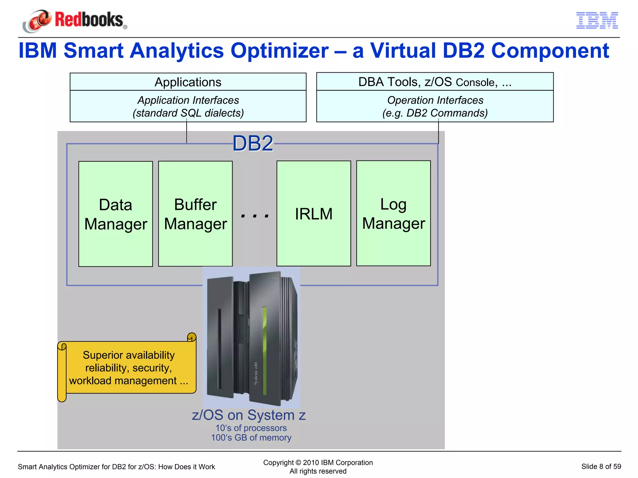 IBM Smart Analytics Optimizer – a Virtual DB2 Component
                                         Applications                                            DBA Tools, z/OS Console, ...
                                   Application Interfaces                                                 Operation Interfaces
                                  (standard SQL dialects)                                                (e.g. DB2 Commands)


                                                               DB2

                     Data                    Buffer             ...                                 Log
                                                                                IRLM
                    Manager                 Manager                                               Manager




                 Superior availability
                  reliability, security,
               workload management ...


                                                    z/OS on System z
                                                           10‘s of processors
                                                          100‘s GB of memory

                                                                      Copyright © 2010 IBM Corporation
Smart Analytics Optimizer for DB2 for z/OS: How Does it Work                                                                     Slide 8 of 59
                                                                             All rights reserved
 