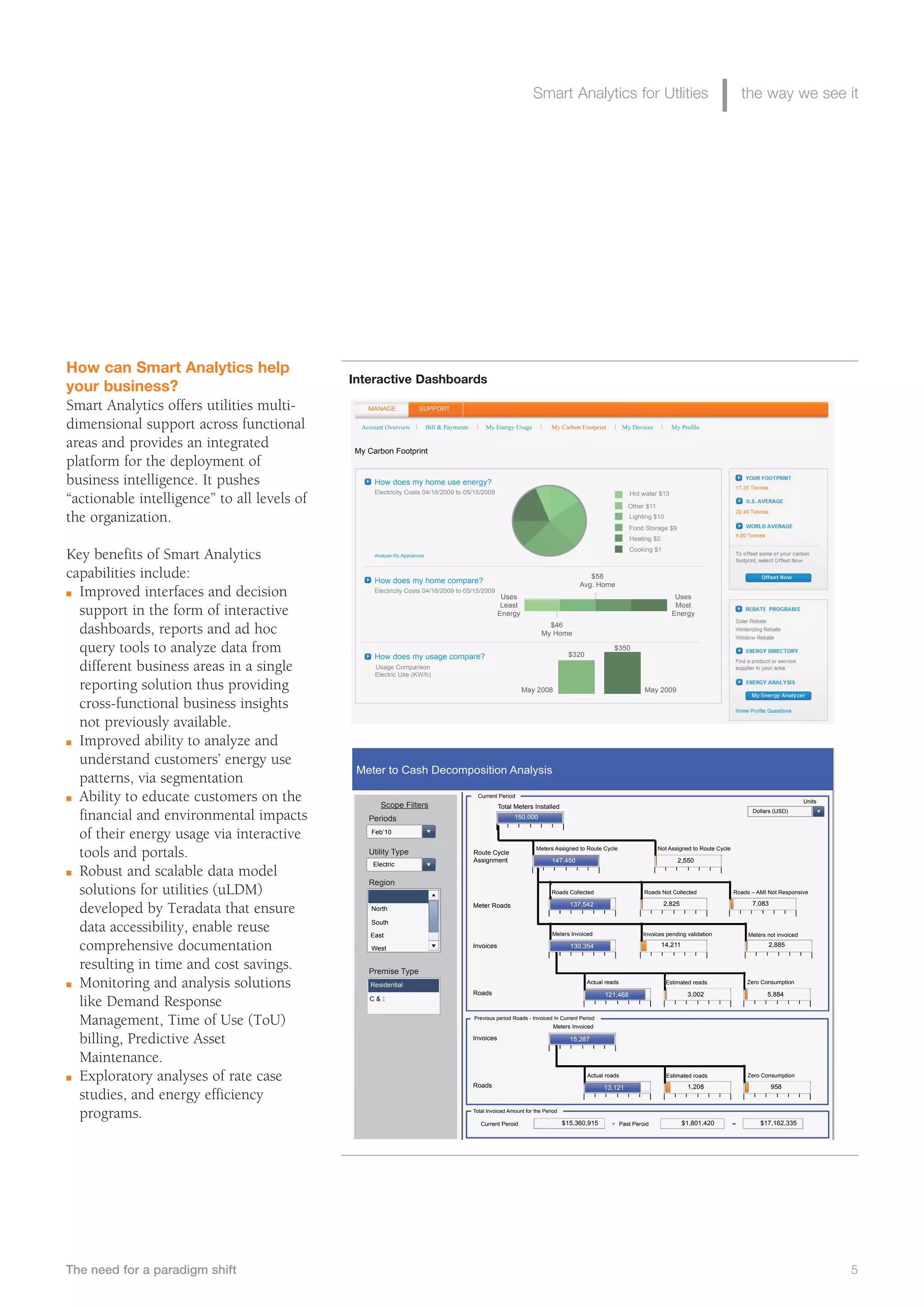 Smart Analytics for Utlities                                                        the way we see it




How can Smart Analytics help
                                             Interactive Dashboards
your business?
Smart Analytics offers utilities multi-         MANAGE              SUPPORT

dimensional support across functional         Account Overview            Bill & Payments        My Energy Usage             My Carbon Footprint           My Devices         My Profile

areas and provides an integrated             My Carbon Footprint
platform for the deployment of
business intelligence. It pushes                  How does my home use energy?
                                                  Electricity Costs 04/16/2009 to 05/15/2009                                                                 Hot water $13
“actionable intelligence” to all levels of                                                                                                                   Other $11

the organization.                                                                                                                                            Lighting $10
                                                                                                                                                             Food Storage $9
                                                                                                                                                             Heating $2
                                                                                                                                                             Cooking $1
Key benefits of Smart Analytics                   Analyze My Appliances



capabilities include:                             How does my home compare?
                                                                                                                                           $58
                                                                                                                                        Avg. Home
n Improved interfaces and decision                Electricity Costs 04/16/2009 to 05/15/2009
                                                                                                        Uses                                                                   Uses
                                                                                                        Least                                                                  Most
  support in the form of interactive                                                                   Energy                                                                 Energy
                                                                                                                           $46
  dashboards, reports and ad hoc                                                                                         My Home

  query tools to analyze data from                How does my usage compare?                                                        $320
                                                                                                                                                     $350

  different business areas in a single            Usage Comparison
                                                  Electric Use (KW/h)

  reporting solution thus providing                                                                             May 2008                                           May 2009

  cross-functional business insights
  not previously available.
n Improved ability to analyze and

  understand customers’ energy use
                                              Meter to Cash Decomposition Analysis
  patterns, via segmentation
n Ability to educate customers on the                                                         Current Period
                                                                                                                                                                                                                                  Units
                                                       Scope Filters                                   Total Meters Installed
  financial and environmental impacts           Periods                                                      150,000
                                                                                                              150,000
                                                                                                                                                                                                             Dollars (USD)



  of their energy usage via interactive          Feb’10


  tools and portals.                            Utility Type                                Route Cycle
                                                                                            Assignment
                                                                                                                       Meters Assigned to Route Cycle

                                                                                                                             147,450
                                                                                                                             147,450
                                                                                                                                                                         Not Assigned to Route Cycle

                                                                                                                                                                                2,550
                                                 Electric
n Robust and scalable data model
                                                Region
  solutions for utilities (uLDM)                 All
                                                                                                                             Roads Collected                       Roads Not Collected                 Roads – AMI Not Responsive

                                                                                                                                                                           2,825                             7,083
  developed by Teradata that ensure              North                                      Meter Roads                              137,542

                                                 South
  data accessibility, enable reuse               East                                                                        Meters Invoiced                      Invoices pending validation               Meters not invoiced

  comprehensive documentation                    West                                       Invoices                                 130,354                              14,211                                   2,885


  resulting in time and cost savings.           Premise Type
n Monitoring and analysis solutions              Residential                                                                               Actual reads                     Estimated reads                Zero Consumption
                                                                                            Roads                                                121,468                            3,002                          5,884
                                                C&I
  like Demand Response
  Management, Time of Use (ToU)                                                             Previous period Roads - Invoiced In Current Period
                                                                                                                              Meters Invoiced

  billing, Predictive Asset                                                                 Invoices                                 15,287


  Maintenance.
n Exploratory analyses of rate case                                                                                                        Actual roads                     Estimated roads                Zero Consumption
                                                                                            Roads                                                13,121                             1,208                            958
  studies, and energy efficiency
  programs.                                                                                 Total Invoiced Amount for the Period

                                                                                                                                   $15,360,915                                     $1,801,420                   $17,162,335
                                                                                               Current Peroid                                             Past Peroid




The need for a paradigm shift                                                                                                                                                                                                             5
 