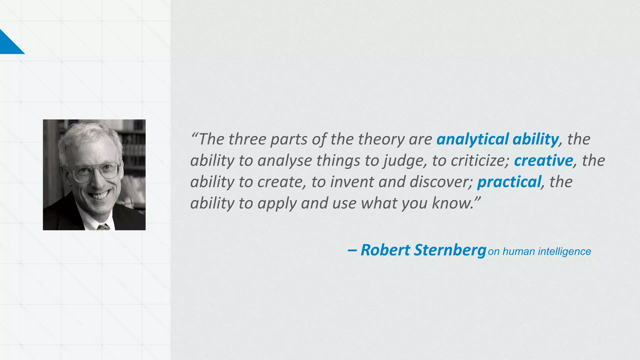 “The three parts of the theory are analytical ability, the
ability to analyse things to judge, to criticize; creative, the
ability to create, to invent and discover; practical, the
ability to apply and use what you know.”
– Robert Sternbergon human intelligence
 