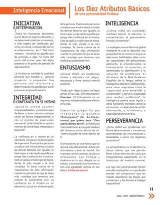 Inteligencia Emocional                                Los Diez Atributos Básicos
                                                      de una personalidad Exitosa

INICIATIVA                               de la persona. Puestas dos personas     INTELIGENCIA
O DETERMINACION.                         a realizar una misma tarea, si todos
                                         los demás factores son iguales, lo      ¿Cultiva usted sus cualidades
¿Toma las necesarias decisiones          hará mejor y más rápido aquella que     mentales básicas: la atención, la
que lo lleven al objetivo deseado, y     tenga más confianza en sí misma.        concentración, el pensamiento
se determina Usted por sí mismo/a,       Esto se aplica a todo tipo de tarea,    factual y la memoria?
o sólo espera ser conducido por          desde la más simple a la más
otros, la rutina, el desarrollo de los   compleja. Te darás cuenta de la         La inteligencia es el término global
acontecimientos, etc.? Del latin         importancia de esta afirmación          mediante el cual se describe una
initiatus. Iniciativa es aquello que     cuando te percates de que la tarea      propiedad de la mente en la que se
da principio a algo. Se trata del        más compleja que tenemos que            relacionan habilidades tales como
punto del primer paso del algún          realizar es justamente vivir.           las capacidades del pensamiento
proyecto o el punto de partida de                                                abstracto, el entendimiento, la
alguna acción.
                                         ENTUSIASMO                              comunicación, el raciocinio, el
                                                                                 aprendizaje, la planificación y la
La inicitiva es también la cualidad      ¿Encara Usted sus problemas             solución de problemas. El
personal que tiendes a general           vitales y laborales con alegre,         diccionario de la Real Academia
proyectos o propuestas. Una              entusiasta y firme actitud mental       Española de la lengua define la
persona con iniciativa y                 positiva?                               inteligencia (del latín intellegentĭa),
determinación es aquella que suele                                               entre otras acepciones como la
promover emprendimientos.                “Nada que valga la pena se logro        "capacidad para entender o
                                         jamás en la vida, SIN entusiasmo”       comprender" y como la "capacidad
INTEGRIDAD                               Emerson. El Entusiasmo es un
                                         requisito indispensable para el éxito
                                                                                 para resolver problemas". La
                                                                                 inteligencia parece estar ligada a
O CONFIANZA EN SI MISMO                  en la vida.                             otras funciones mentales como la
¿Quiere usted asumir                                                             percepción, o capacidad de recibir
responsabilidades, y se siente capaz     Fueron los griegos los que              información, y la memoria, o
de llevar a buen término trabajos        inventaron la palabra                   capacidad de almacenarla.
serios en forma independiente, o         “Entusiasmo” (Gr. En-theos-
con el mínimo de supervisión
necesaria? ¿Vive Usted de acuerdo a
                                         usmus) que quiere decir “Dios
                                         activo dentro de mí”. En términos
                                                                                 PERSEVERANCIA
normas de sinceridad, integridad y       mas modernos La energía Creadora        ¿Toma Usted sus problemas con
buena fe?                                del Universo activa dentro de mí.       férrea determinación y constancia,
                                         Tienes el poder de crear dentro de      aprovechando las circunstancias y
La confianza en sí mismo es un           ti.                                     llevándolas a servir los objetivos
elemento crucial en el desempeño                                                 propuestos?
de la persona. Puestas dos personas      El entusiasmo es una fuerza que se
a realizar una misma tarea, si todos     genera voluntariamente. Actúa con       La perseverancia es el aliento ó la
los demás factores son iguales, lo       entusiasmo y éste te vendrá. Sin        fuerza interior que nos permite
hará mejor y más rápido aquella que      importar como te sientas, actúa con     llevar a buen término las cosas que
tenga más confianza en sí misma.         entusiasmo. Con firmeza y               emprendemos sabiamente en el
Esto se aplica a todo tipo de tarea,     dinámica en tu voz. Alegría en tu       transcurso de nuestro caminar.
desde la más simple a la más             saludo. Levantando tus hombros y
compleja. Te darás cuenta de la          con una agradable sonrisa en tus        Los que son perseverantes tienen
importancia de esta afirmación           labios. Arriba ese animo!               una alta motivación y un profundo
cuando te percates de que la tarea                                               sentido del compromiso que les
más compleja que tenemos que                                                     impide abandonar las tareas que
realizar es justamente vivir. La                                                 comienzan, y los animan a trabajar
confianza en sí mismo es un                                                      hasta el final.
elemento crucial en el desempeño
                                                                                                                           11
                                                                                           abril 2011, SMART&RICH
 