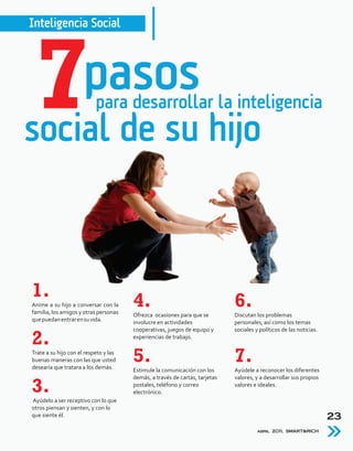Inteligencia Social




 7
social de su hijo
                      pasospara desarrollar la inteligencia




1.
Anime a su hijo a conversar con la
familia, los amigos y otras personas
                                       4.                                    6.
                                       Ofrezca ocasiones para que se         Discutan los problemas
que puedan entrar en su vida.          involucre en actividades              personales, así como los temas
                                       cooperativas, juegos de equipo y      sociales y políticos de las noticias.

2.                                     experiencias de trabajo.

Trate a su hijo con el respeto y las
buenas maneras con las que usted
desearía que tratara a los demás.
                                       5.                                    7.
                                       Estimule la comunicación con los      Ayúdele a reconocer los diferentes
                                       demás, a través de cartas, tarjetas   valores, y a desarrollar sus propios

3.                                     postales, teléfono y correo
                                       electrónico.
                                                                             valores e ideales.

Ayúdelo a ser receptivo con lo que
otros piensan y sienten, y con lo
que siente él.                                                                                                       23
                                                                                       abril 2011, SMART&RICH
 