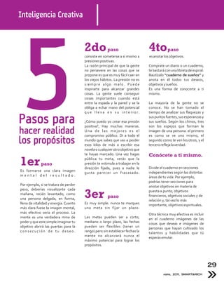 Inteligencia Creativa



                                       2do             paso                       4to         paso
                                       consiste en someterse a sí mismo a         es anotar los objetivos.
                                       presiones positivas.
                                       La razón principal de que la gente         Comprate un diario o un cuaderno,
                                       no persevere en las cosas que se           te bastará con una libreta de espiral.
                                       propone es que es muy fácil caer en        Bautízalo “cuaderno de sueños” y
                                       los viejos hábitos. La presión no es       anota en él todos tus deseos,
                                       siempre algo malo. Puede                   objetivos y sueños.
                                       inspirarte para alcanzar grandes           Es una forma de conocerte a ti
                                       cosas. La gente suele conseguir            mismo.
                                       cosas importantes cuando está
                                       entre la espada y la pared y se la         La mayoría de la gente no se
                                       obliga a echar mano del potencial          conoce. No se han tomado el
                                       q u e l l e v a e n s u i n t e r i o r.   tiempo de analizar sus flaquezas y

Pasos para                             ¿Cómo puedo yo crear esa presión
                                       positiva?, Hay muchas maneras.
                                                                                  sus puntos fuertes, sus esperanzas y
                                                                                  sus sueños. Según los chinos, tres
                                                                                  son los espejos que forman la
hacer realidad                         Una de las mejores es el
                                       compromiso público. Di a todo el
                                                                                  imagen de una persona: el primero
                                                                                  es como se ve uno mismo, el
los propósitos                         mundo que sabes que vas a perder
                                       esos kilos de más o escribir esa
                                                                                  segundo como te ven los otros, y el
                                                                                  tercero refleja la verdad.
                                       novela o cualquier otro objetivo que
                                       te hayas marcado. Una vez hagas            Conócete a ti mismo.
1er          paso
                                       pública tu meta, verás que la
                                       presión te estimula a trabajar en la
                                       dirección fijada, pues a nadie le          Divide el cuaderno en secciones
Es formarse una clara imagen                                                      independientes según las distintas
                                       gusta parecer un fracasado.
mental del resultado.                                                             áreas de tu vida. Por ejemplo,
                                                                                  podrías tener secciones para
Por ejemplo, si se tratara de perder                                              anotar objetivos en materia de
peso, deberías visualizarte cada
mañana, recién levantado, como
una persona delgada, en forma,
                                       3er             paso
                                                                                  puesta a punto, objetivos
                                                                                  financieros, objetivos sociales y de
                                                                                  relación y, tal vez lo más
llena de vitalidad y energía. Cuanto   Es muy simple: nunca te marques            importante, objetivos espirituales.
más clara fuese la imagen mental,      una meta sin fijar un plazo.
más efectivo sería el proceso. La                                                 Otra técnica muy efectiva es incluir
mente es una verdadera mina de         Las metas pueden ser a corto,              en el cuaderno imágenes de las
poder y que este simple imaginar tu    mediano o largo plazo, las fechas          cosas que deseas e imágenes de
objetivo abrirá las puertas para la    pueden ser flexibles (tener un             personas que hayan cultivado los
consecución de tu deseo.               rango) pero sin establecer fechas la       talentos y habilidades que tú
                                       mente no alcanzará nunca el                esperas emular.
                                       máximo potencial para lograr los
                                       propósitos.




                                                                                                                           29
                                                                                            abril 2011, SMART&RICH
 