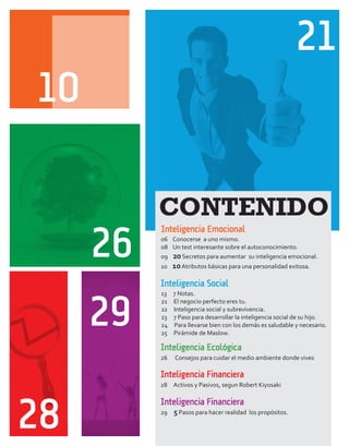21
10

          CONTENIDO
          Inteligencia Emocional

     26   06 Conocerse a uno mismo.
          08 Un test interesante sobre el autoconocimiento.
          09 20 Secretos para aumentar su inteligencia emocional.
          10   10 Atributos básicas para una personalidad exitosa.

          Inteligencia Social
          13   7 Notas.



     29
          21   El negocio perfecto eres tu.
          22   Inteligencia social y subrevivencia.
          23   7 Paso para desarrollar la inteligencia social de su hijo.
          24   Para llevarse bien con los demás es saludable y necesario.
          25   Pirámide de Maslow.

          Inteligencia Ecológica
          26   Consejos para cuidar el medio ambiente donde vives

          Inteligencia Financiera
          28 Activos y Pasivos, segun Robert Kiyosaki




28
          Inteligencia Financiera
          29   5 Pasos para hacer realidad los propósitos.
 