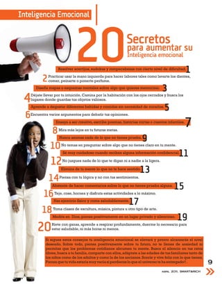 Inteligencia Emocional




            2
                                20                             para aumentar su
                                                               Inteligencia emocional

                      Resolver acertijos, sudokus y rompecabezas con cierto nivel de dificultad.
                Practicar usar la mano izquierda para hacer labores tales como lavarte los dientes,
                comer, peinarte o ponerte perfume.
                                                                                                    1
         Diseña mapas o esquemas mentales sobre algo que quieres memorizar.
                                                                                     3
 4    Déjate llevar por tu intuición. Camina por la habitación con los ojos cerrados y busca los
      lugares donde guardas tus objetos valiosos.
      Aprende a degustar diferentes bebidas y comidas sin necesidad de mirarlos.
                                                                                      5
  6   Encuentra varios argumentos para debatir tus opiniones.



                 8
                    Ensaya a ser creativo, escribe poemas, historias cortas o cuentos infantiles.

                      Mira más lejos en tu futuras metas.
                                                                                                    7
                      Nunca asumas nada de lo que no tienes prueba.
                                                                        9
                 10    No temas en preguntar sobre algo que no tienes claro en tu mente.

                        Sé muy cuidadoso cuando recibes alguna información confidencial.
                                                                                               11
                 12     No juzgues nada de lo que te digan ni a nadie a la ligera.

                       Elimina de tu mente lo que no te hace sentido.
                                                                        13
                14    Piensa con tu lógica y no con tus sentimientos.

                  Abstente de hacer comentarios sobre lo que no tienes prueba alguna.
                                                                                            15
             16    Teje, cose, hornea y disfruta estas actividades a lo máximo.
                   Haz ejercicio físico y come saludablemente.
                                                                17
            18     Toma clases de escultura, música, pintura u otro tipo de arte.

                  Medita en Dios, piensa positivamente en un lugar privado y silencioso.
                                                                                              19
         20       Ríete con ganas, aprende a respirar profundamente, duerme lo necesario para
                  estar saludable, ni más horas ni menos.

              Si sigues estos consejos tu inteligencia emocional se elevará y pronto alcanzarás el nivel
              deseado. Sobre todo, piensa positivamente sobre tu futuro, no te llenes de ansiedad ni
              permitas que los problemas cotidianos abrumen tu mente. Busca el silencio en tus ratos
              libres, busca a tu familia, comparte con ellos, adáptate a las edades de tus familiares tanto de
              los niños como de los adultos y como la de los ancianos. Sonríe y vive feliz con lo que tienes.
              Piensa que tu vida estaría muy vacía si perdieras lo que el universo te ha entregado!! .           9
                                                                                     abril 2011, SMART&RICH
 