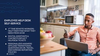 11
EMPLOYEE HELP DESK
SELF-SERVICE
■ 1ST TIME REMOTE WORKERS:
HELP THEM FIND WHAT THEY
NEED FROM AFAR
■ DIGITAL ASSISTANTS...