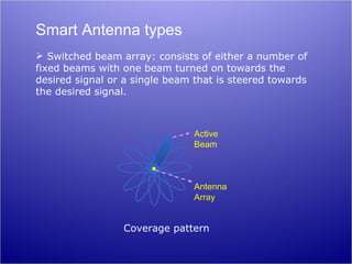 Smart Antenna types
 Switched beam array: consists of either a number of
fixed beams with one beam turned on towards the
desired signal or a single beam that is steered towards
the desired signal.



                                Active
                                Beam



                                Antenna
                                Array


                 Coverage pattern
 