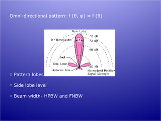 Omni-directional pattern: f (θ, φ) = f (θ)




o Pattern lobes

o Side lobe level

o Beam width- HPBW and FNBW
 