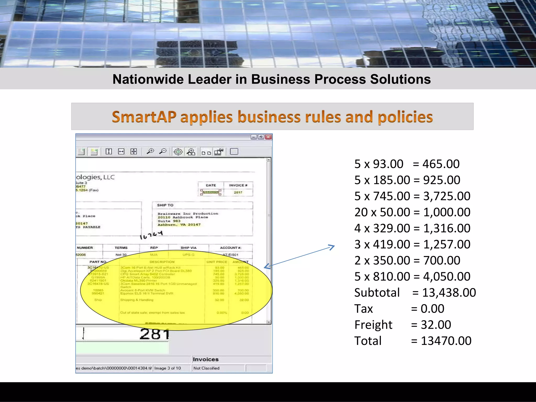 5 x 93.00  = 465.00 5 x 185.00 = 925.00 5 x 745.00 = 3,725.00 20 x 50.00 = 1,000.00 4 x 329.00 = 1,316.00 3 x 419.00 = 1,257.00 2 x 350.00 = 700.00 5 x 810.00 = 4,050.00 Subtotal  = 13,438.00 Tax  = 0.00 Freight   = 32.00 Total   = 13470.00 Nationwide Leader in Business Process Solutions 