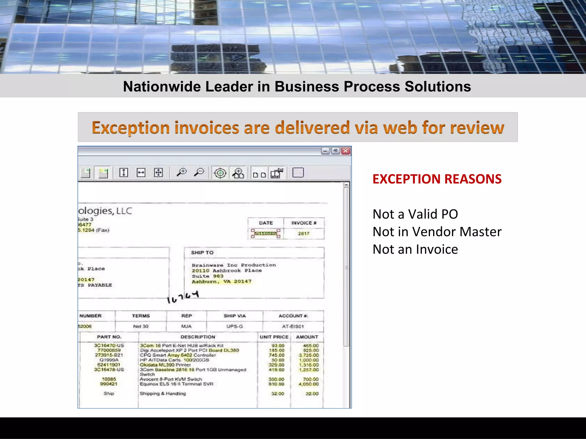EXCEPTION REASONS Not a Valid PO Not in Vendor Master Not an Invoice Nationwide Leader in Business Process Solutions 