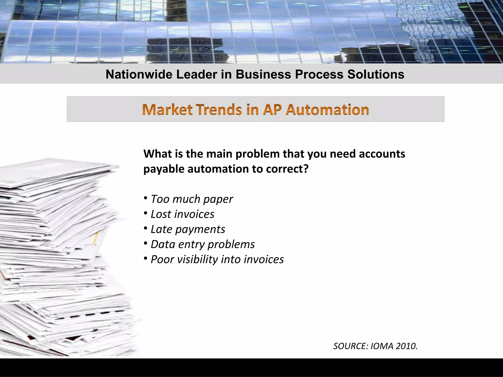 What is the main problem that you need accounts payable automation to correct? Too much paper Lost invoices Late payments Data entry problems Poor visibility into invoices   SOURCE: IOMA 2010. Nationwide Leader in Business Process Solutions 