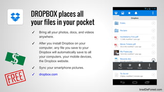 bradDeForest.com
DROPBOX places all
your files in your pocket
✓ Bring all your photos, docs, and videos
anywhere.
✓ After ...