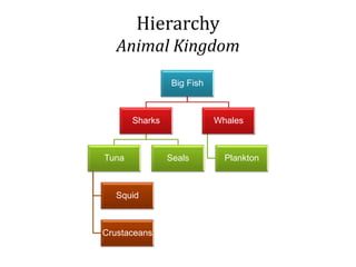 Hierarchy
Animal Kingdom
Big Fish
Sharks
Tuna
Squid
Crustaceans
Seals
Whales
Plankton
 