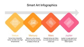 Smart Art Infographics
Mars
Despite being red, Mars
is a cold place full of iron
oxide dust
Mercury
Mercury is the closest
planet to the Sun and the
smallest of them all
Venus
Venus has a beautiful
name, but also very high
temperatures
Jupiter
Jupiter is a gas giant and
the biggest planet in the
Solar System
 
