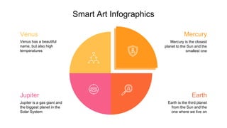 Smart Art Infographics
Venus
Venus has a beautiful
name, but also high
temperatures
Jupiter
Jupiter is a gas giant and
the biggest planet in the
Solar System
Mercury
Mercury is the closest
planet to the Sun and the
smallest one
Earth
Earth is the third planet
from the Sun and the
one where we live on
 