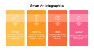 Smart Art Infographics
Mars
Despite being red, Mars
is a cold place full of iron
oxide dust
Mercury
Mercury is the closest
planet to the Sun and the
smallest of them all
Venus
Venus has a beautiful
name, but also very high
temperatures
Jupiter
Jupiter is a gas giant and
the biggest planet in the
Solar System
 