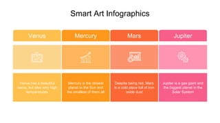 Smart Art Infographics
Venus Mercury Mars Jupiter
Despite being red, Mars
is a cold place full of iron
oxide dust
Mercury is the closest
planet to the Sun and
the smallest of them all
Venus has a beautiful
name, but also very high
temperatures
Jupiter is a gas giant and
the biggest planet in the
Solar System
 