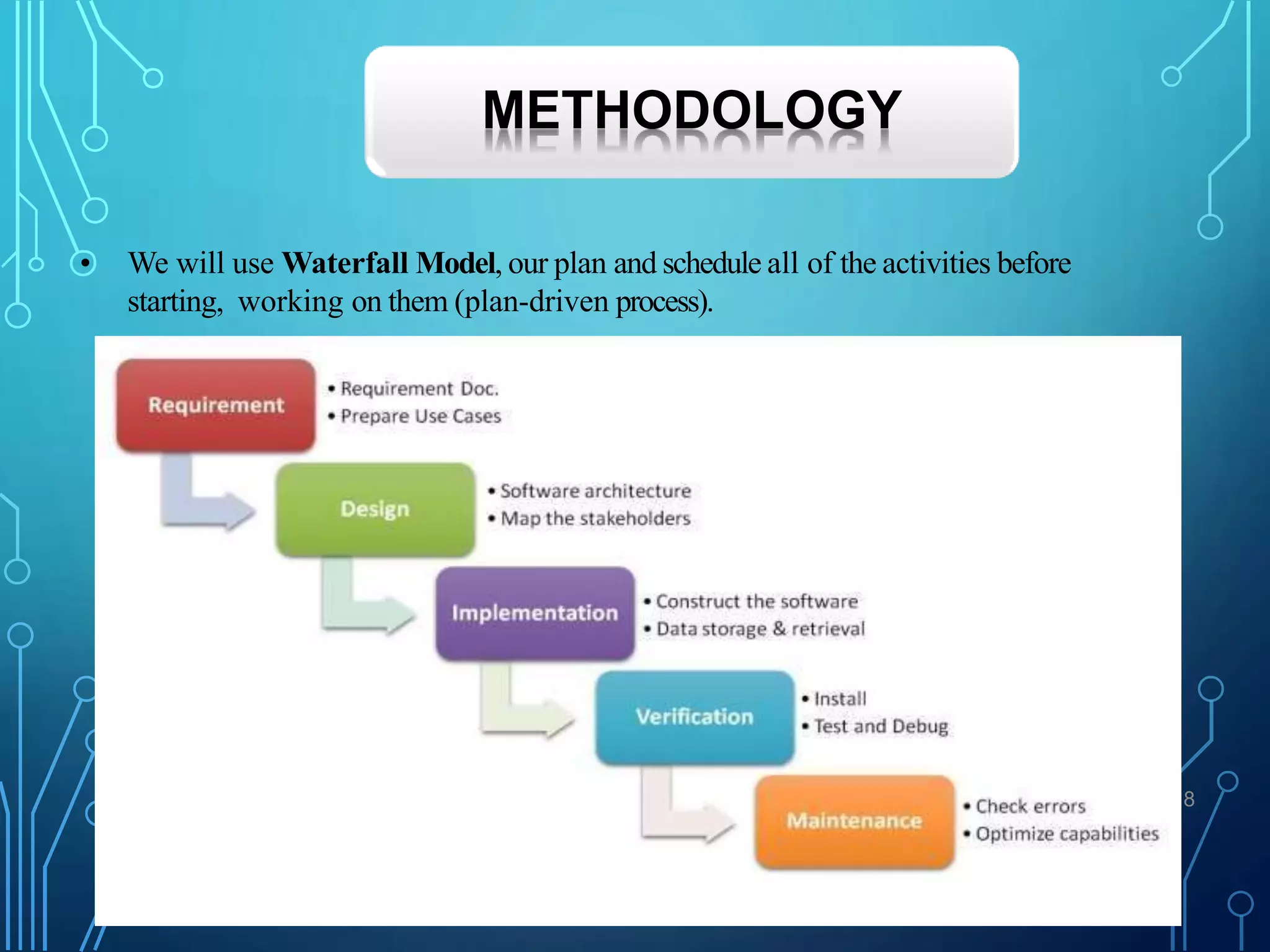 A
• We will use Waterfall Model, our plan and schedule all of the activities before
starting, working on them (plan-driven process).
8
METHODOLOGY
 