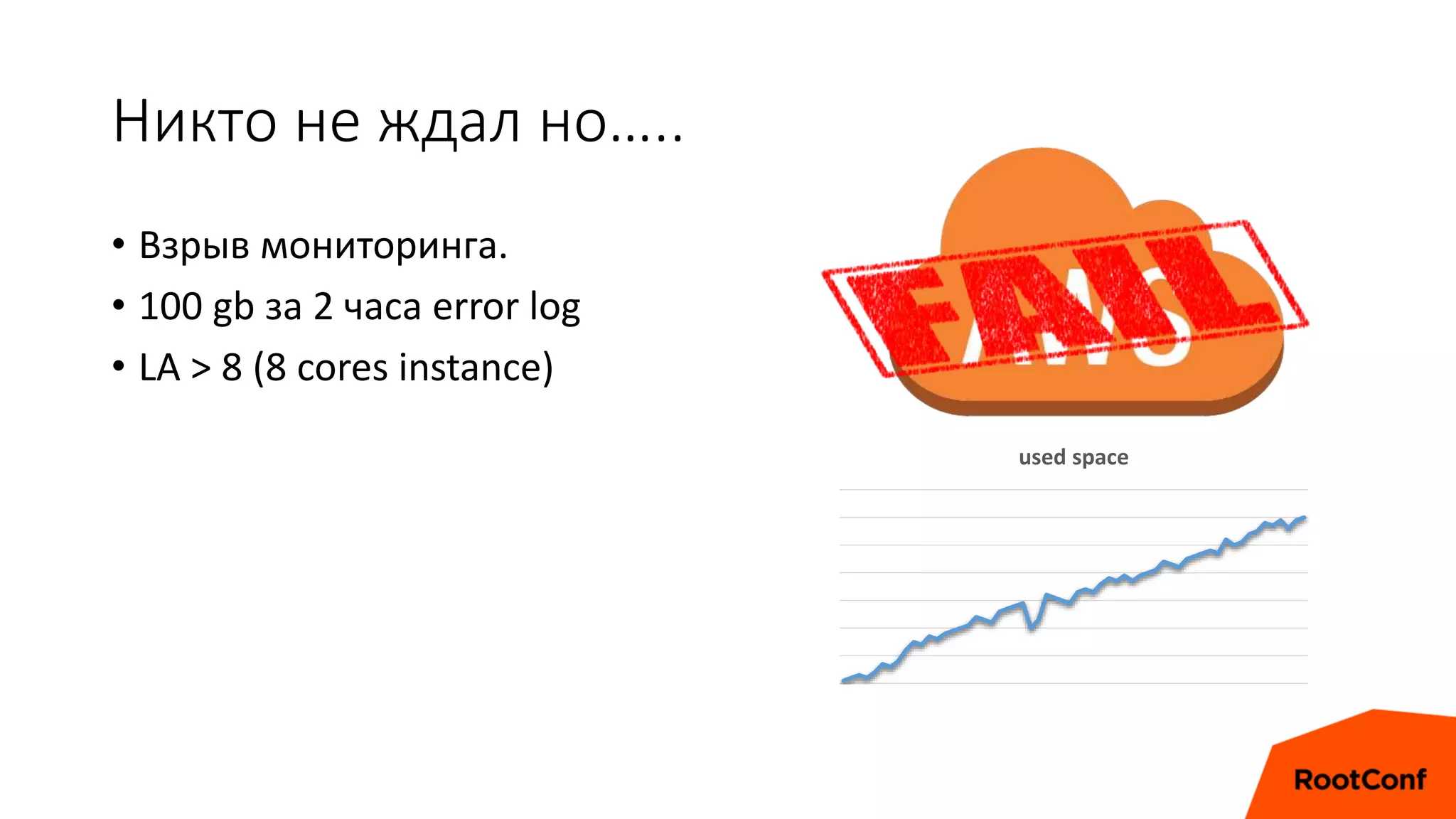 Никто не ждал но…..
• Взрыв мониторинга.
• 100 gb за 2 часа error log
• LA > 8 (8 cores instance)
used space
 
