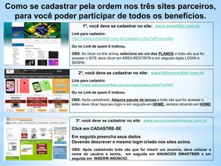 Como se cadastrar pela ordem nos três sites parceiros,
para você poder participar de todos os benefícios.
1º, você deve se cadastrar no site: www.smartbbr.com.br
Link para cadastro:
http://www.smartbbr.com.br/cadastro.php?aff=smartbr
Ou no Link de quem ti indicou.
OBS: Ao clicar no link acima, selecione em um dos PLANOS e toda vês que for
acessar o SITE deve clicar em AREA RESTRITA e em seguida digite LOGIN e
SENHA.
2º, você deve se cadastrar no site: www.leilosmartbbr.com.br
Link para cadastro:
http://www.leilaosmartbbr.com.br/registration.html?ref=47
Ou no Link de quem ti indicou.
OBS: Após cadastrado, Adquira pacote de lances e toda vês que for acessar o
leilão deve clicar faça seu login e em seguida em HOME, sempre clicando em HOME
3º, você deve se cadastrar no site: www.anuncioseletronicos.com.br
Click em CADASTRE-SE
Em seguida preencha seus dados
Devendo descrever o mesmo login criado nos sites acima.
OBS: Após cadastrado toda vês que for inserir um anuncio, deve colocar o
nome do usuário e senha, em seguida em ANUNCIOS SMARTBBR e em
seguida em INSERIR ANÚNCIO.
 