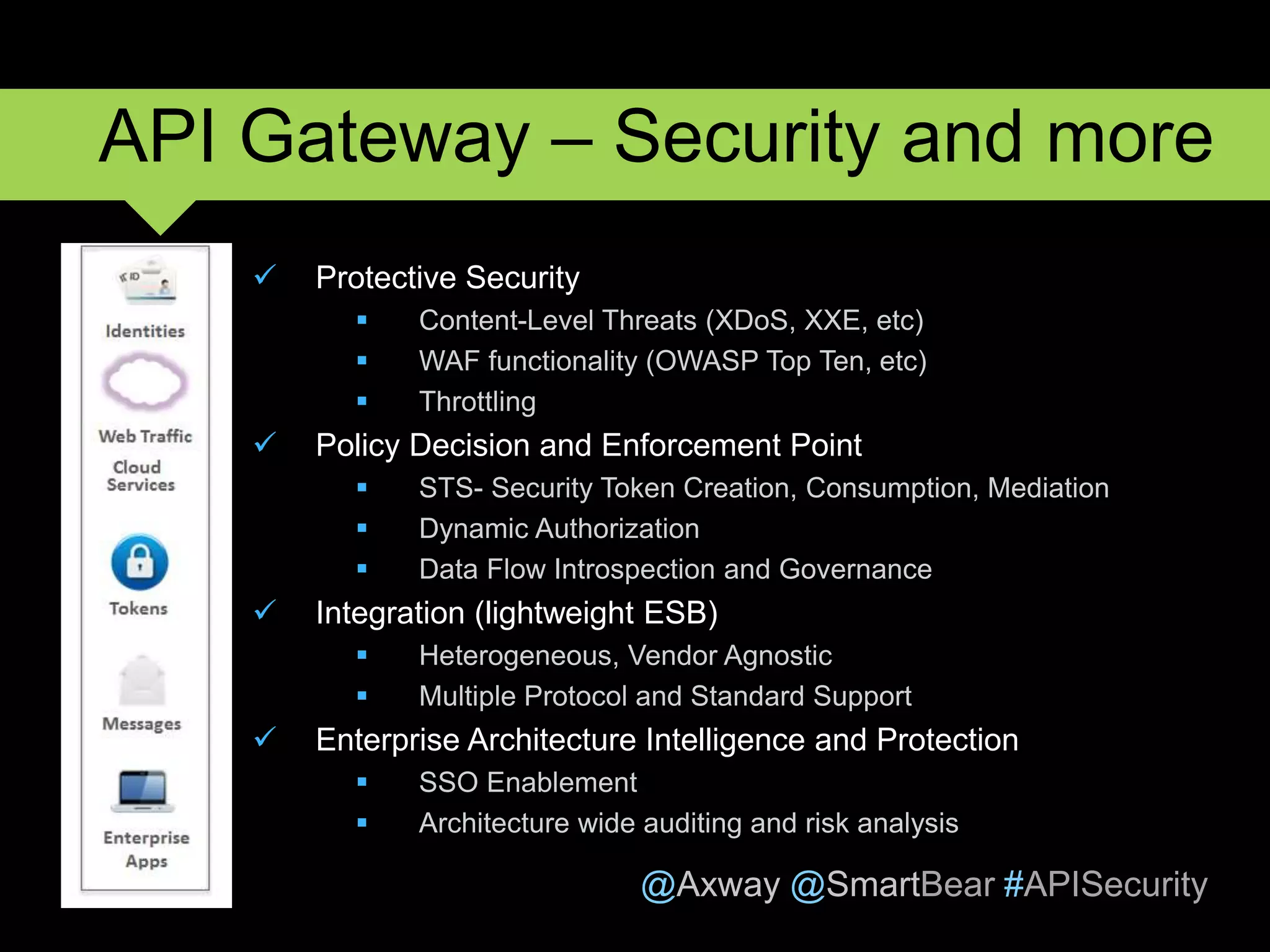 @Axway @SmartBear #APISecurity
 Protective Security
 Content-Level Threats (XDoS, XXE, etc)
 WAF functionality (OWASP Top Ten, etc)
 Throttling
 Policy Decision and Enforcement Point
 STS- Security Token Creation, Consumption, Mediation
 Dynamic Authorization
 Data Flow Introspection and Governance
 Integration (lightweight ESB)
 Heterogeneous, Vendor Agnostic
 Multiple Protocol and Standard Support
 Enterprise Architecture Intelligence and Protection
 SSO Enablement
 Architecture wide auditing and risk analysis
13
API Gateway – Security and more
 