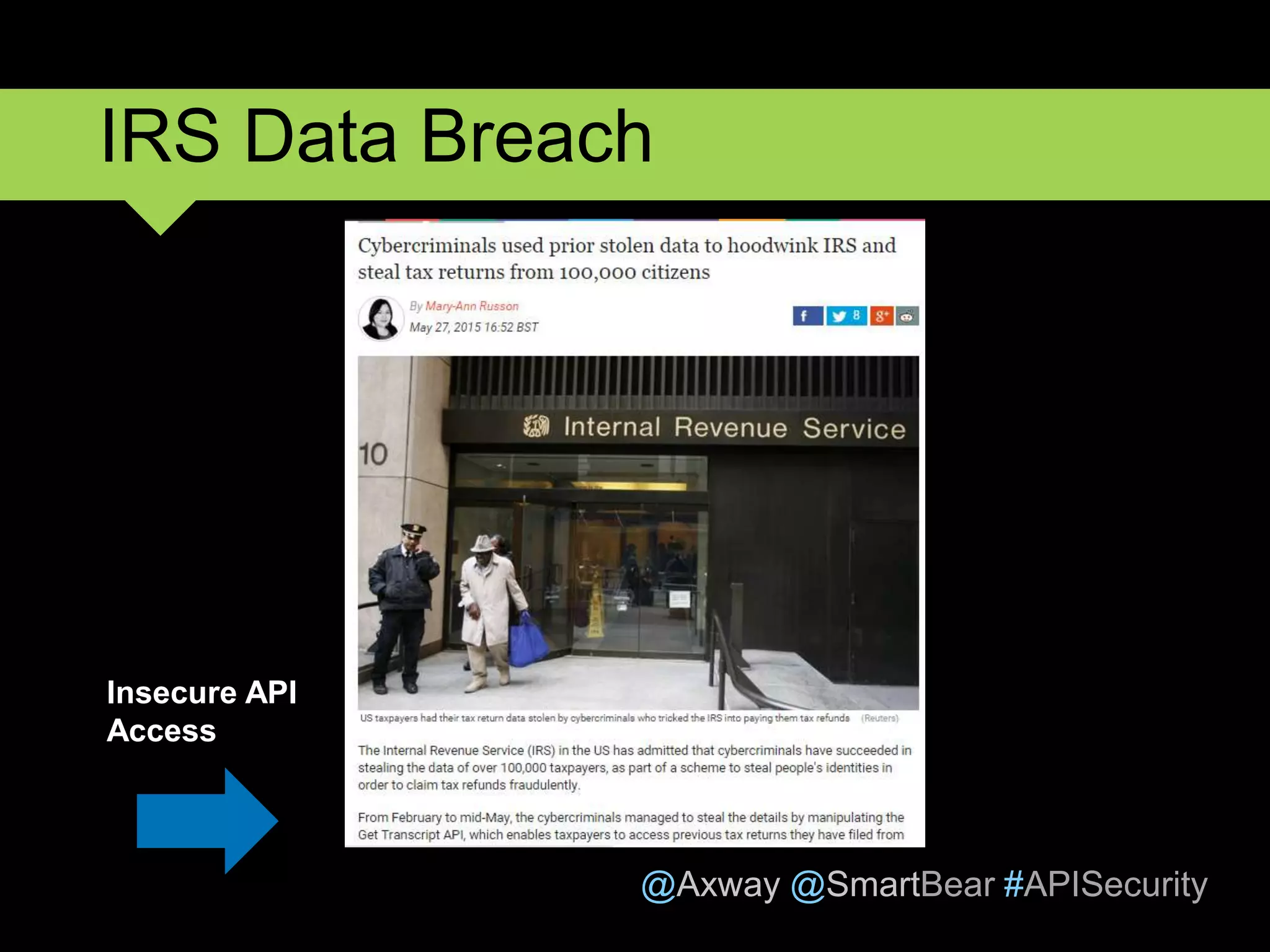 @Axway @SmartBear #APISecurity
6
IRS Data Breach
Insecure API
Access
 