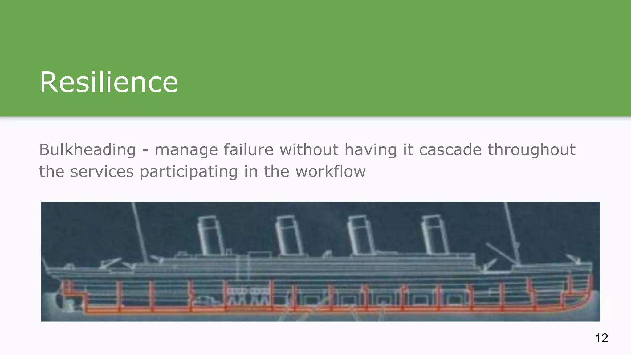 Resilience Bulkheading - manage failure without having it cascade throughout the services participating in the workflow 12 
