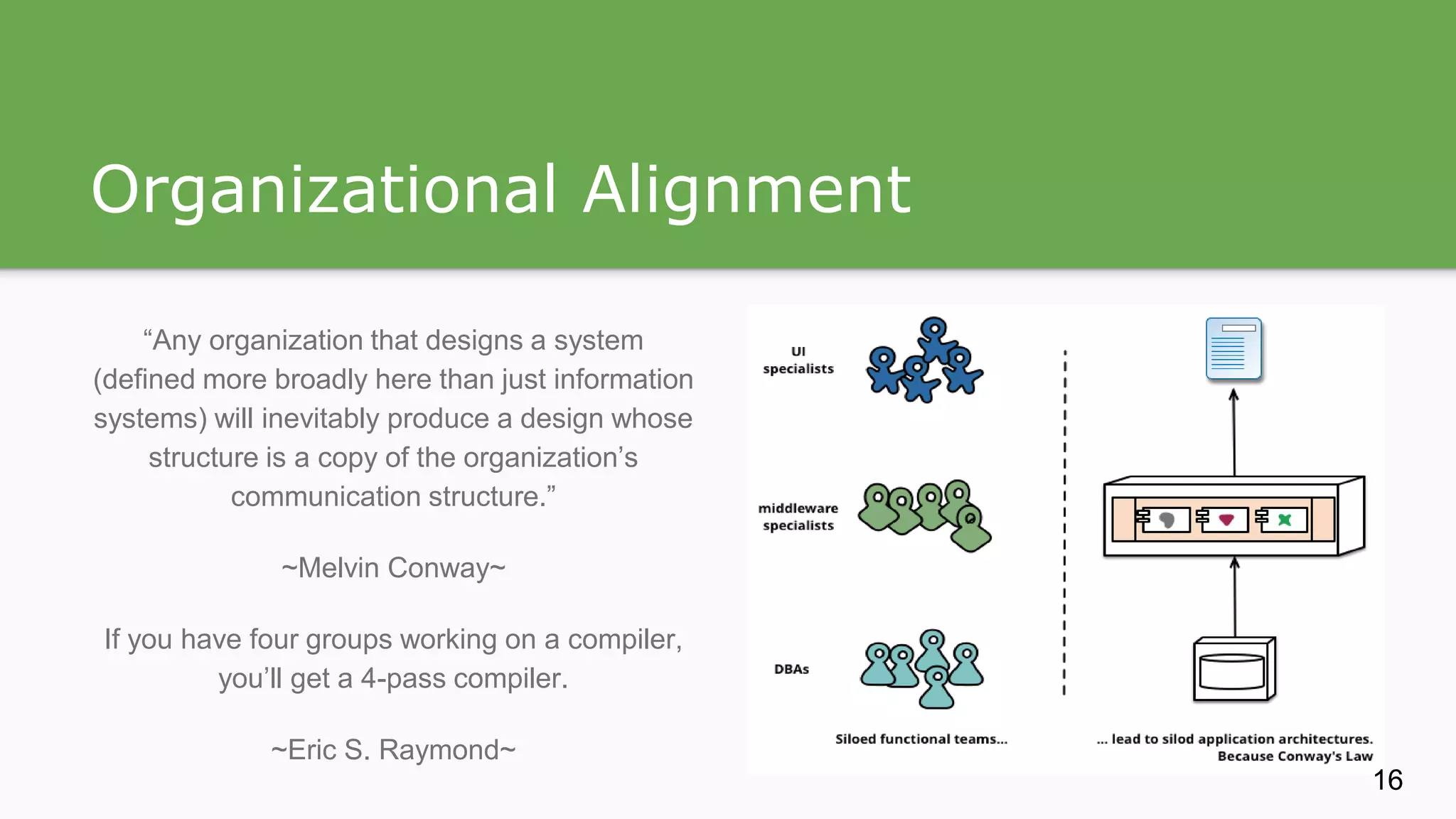 Organizational Alignment “Any organization that designs a system (defined more broadly here than just information systems) will inevitably produce a design whose structure is a copy of the organization’s communication structure.” ~Melvin Conway~ If you have four groups working on a compiler, you’ll get a 4-pass compiler. ~Eric S. Raymond~ 16 
