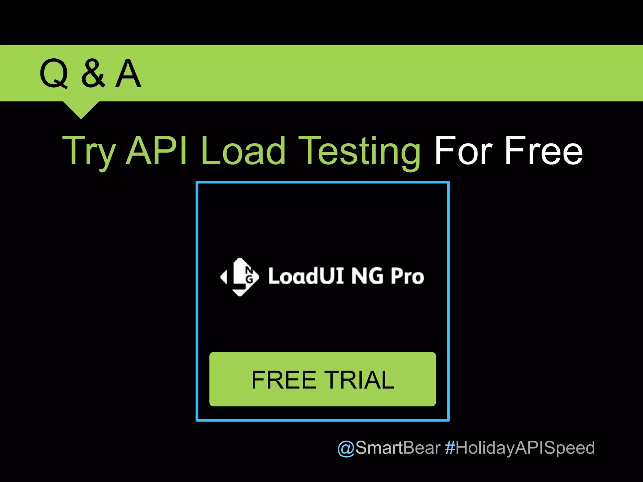 @SmartBear #HolidayAPISpeed
Q & A
Try API Load Testing For Free
FREE TRIAL
 